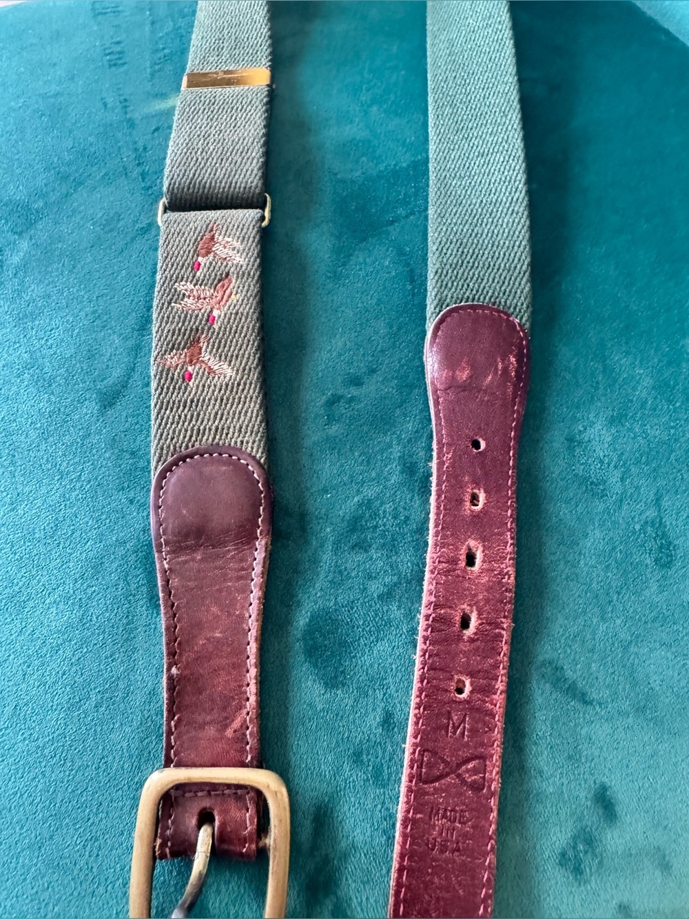 Vintage Green Mallard Duck Embroidered Belt Leather Trim Size M Made in USA